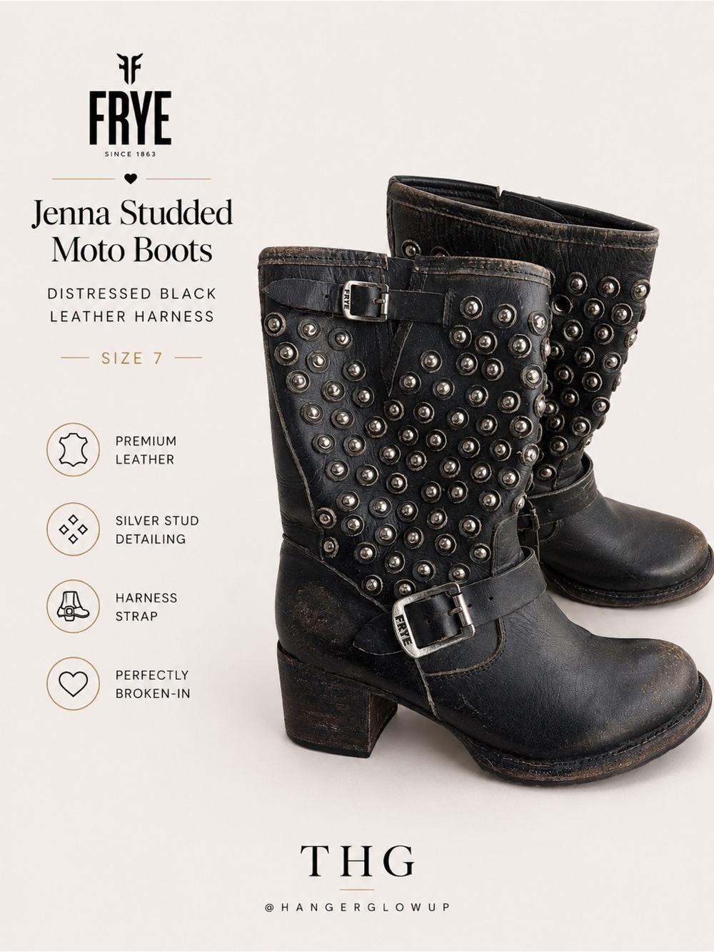 FRYE Jenna Studded Moto Boots Distressed Black Leather Harness Sz 7